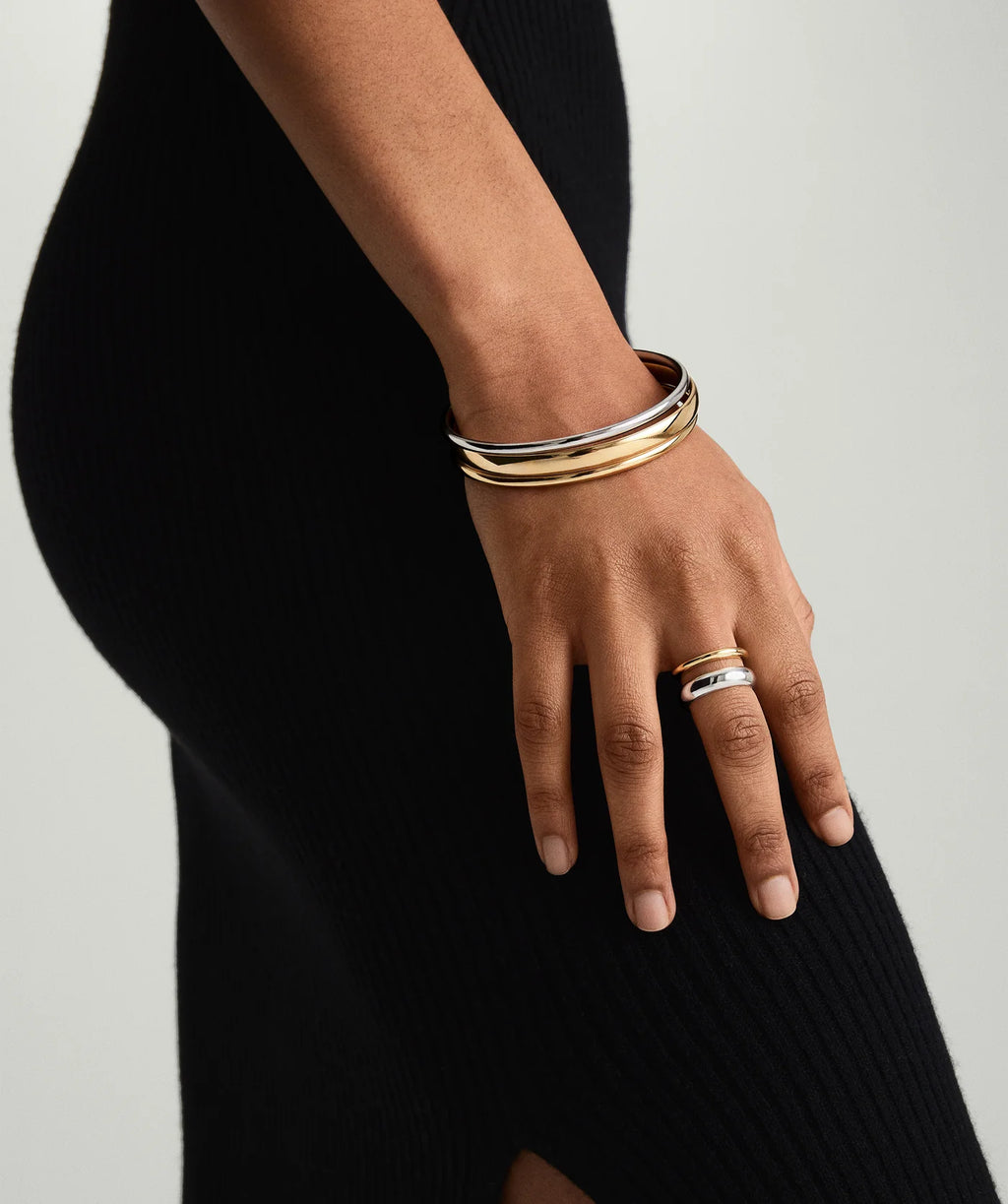 Duet Mixed Metal Ring worn in a ring stack