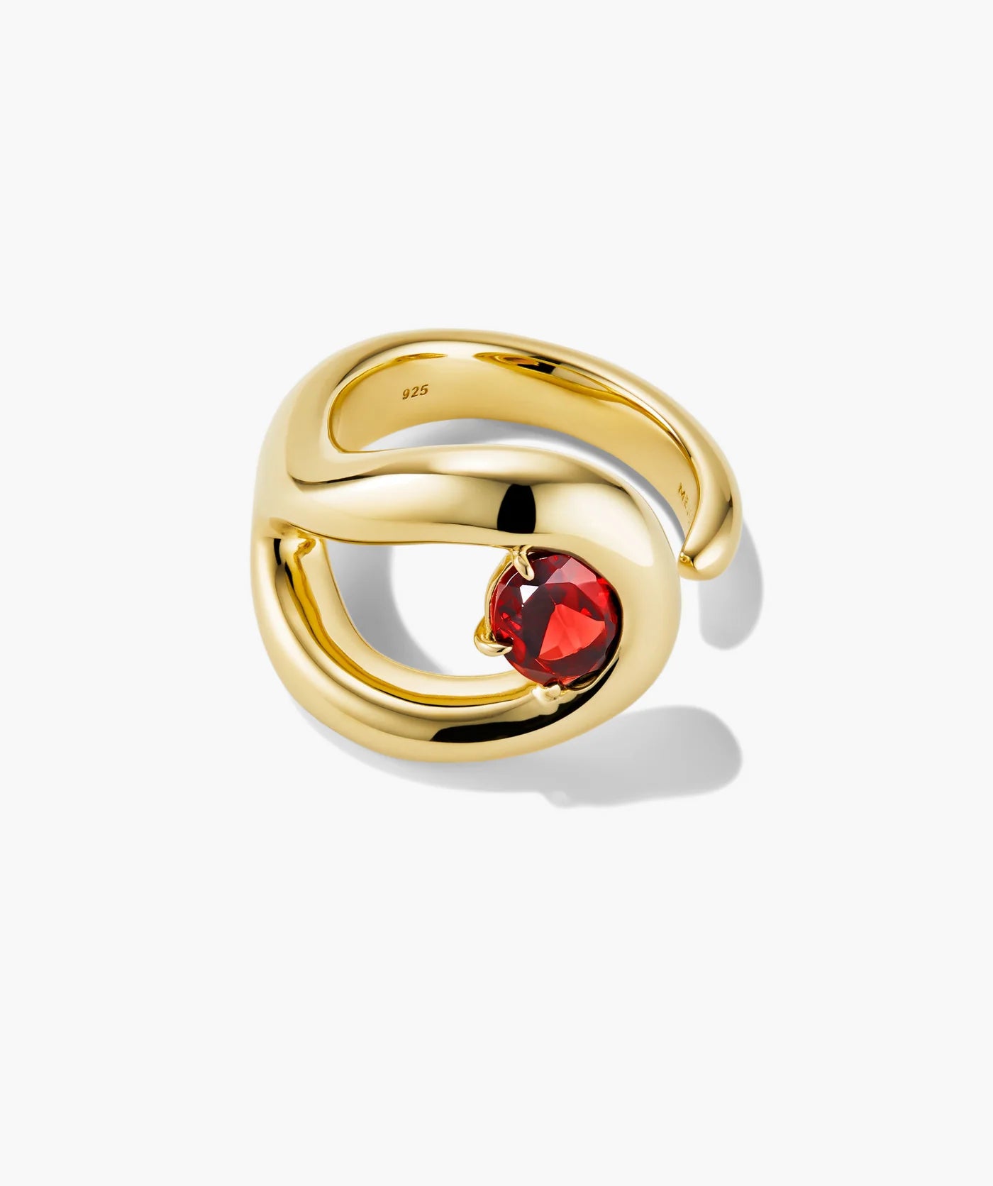 Front view of the red stone open curve ring