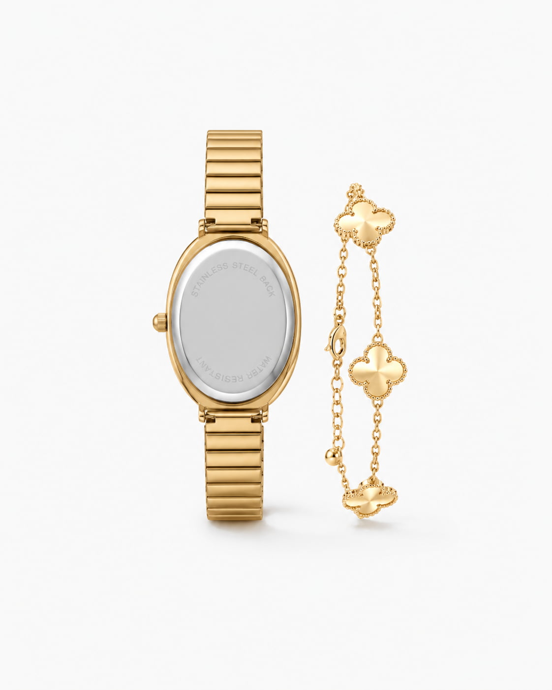 Oval Watch & Clover Bracelet Set, Gold
