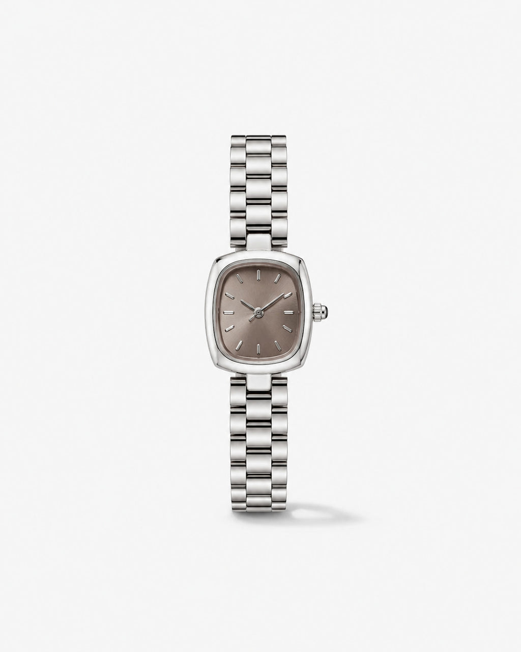 Small silver-tone cushion watch with a taupe dial on a link bracelet