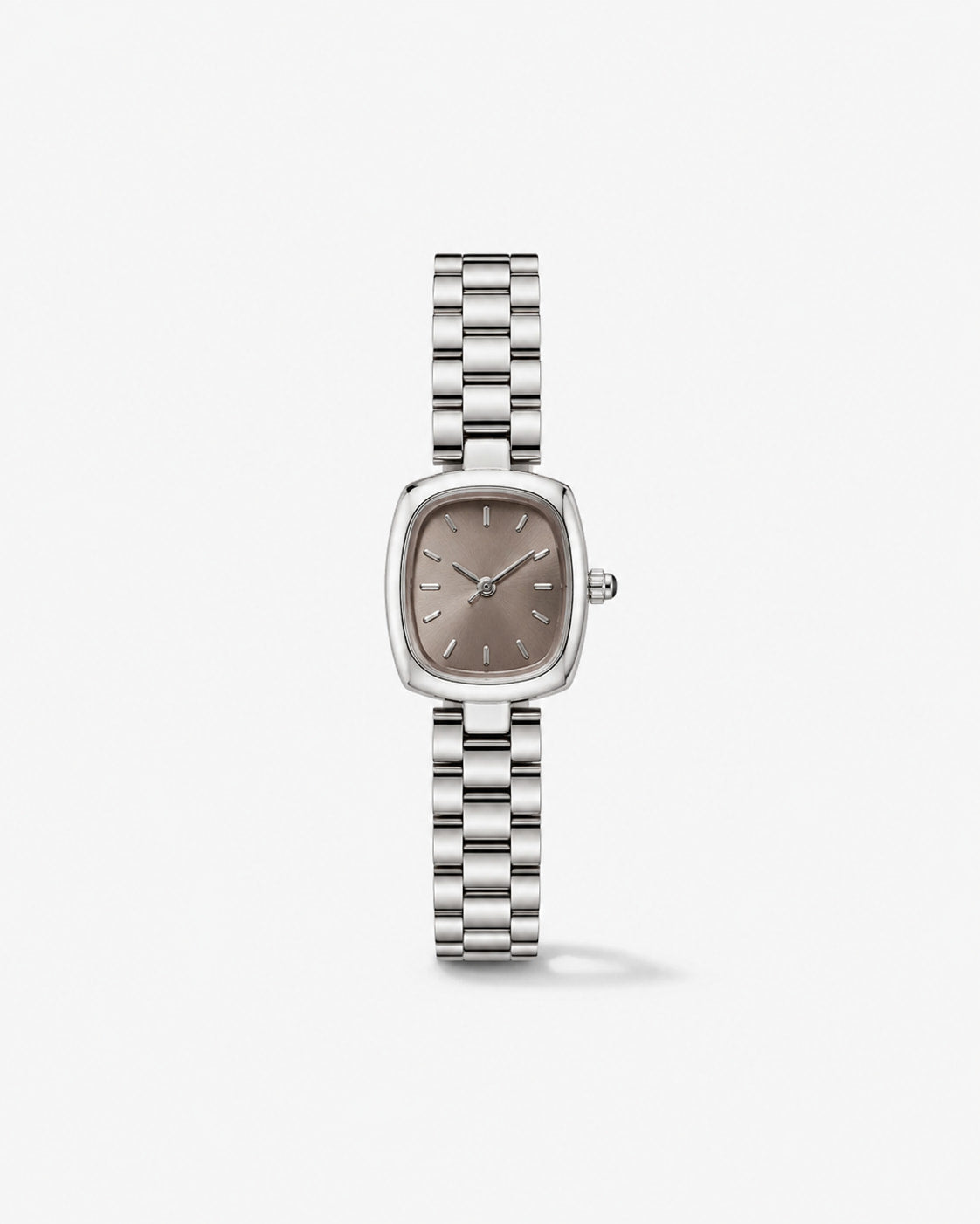Small silver-tone cushion watch with a taupe dial on a link bracelet