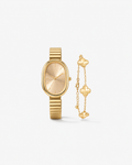 Gold-tone oval watch with a matching clover station bracelet