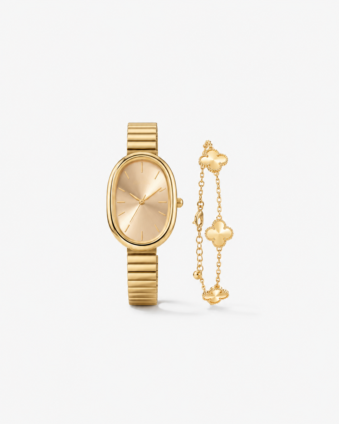 Gold-tone oval watch with a matching clover station bracelet