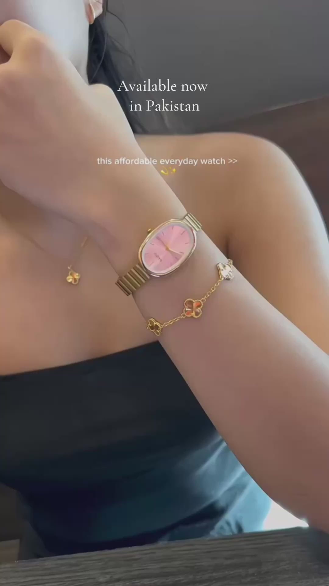 Oval Watch & Clover Bracelet Set, Gold